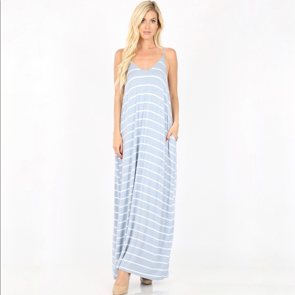 2-Pack Light Blue Striped Pocket Maxi Dress